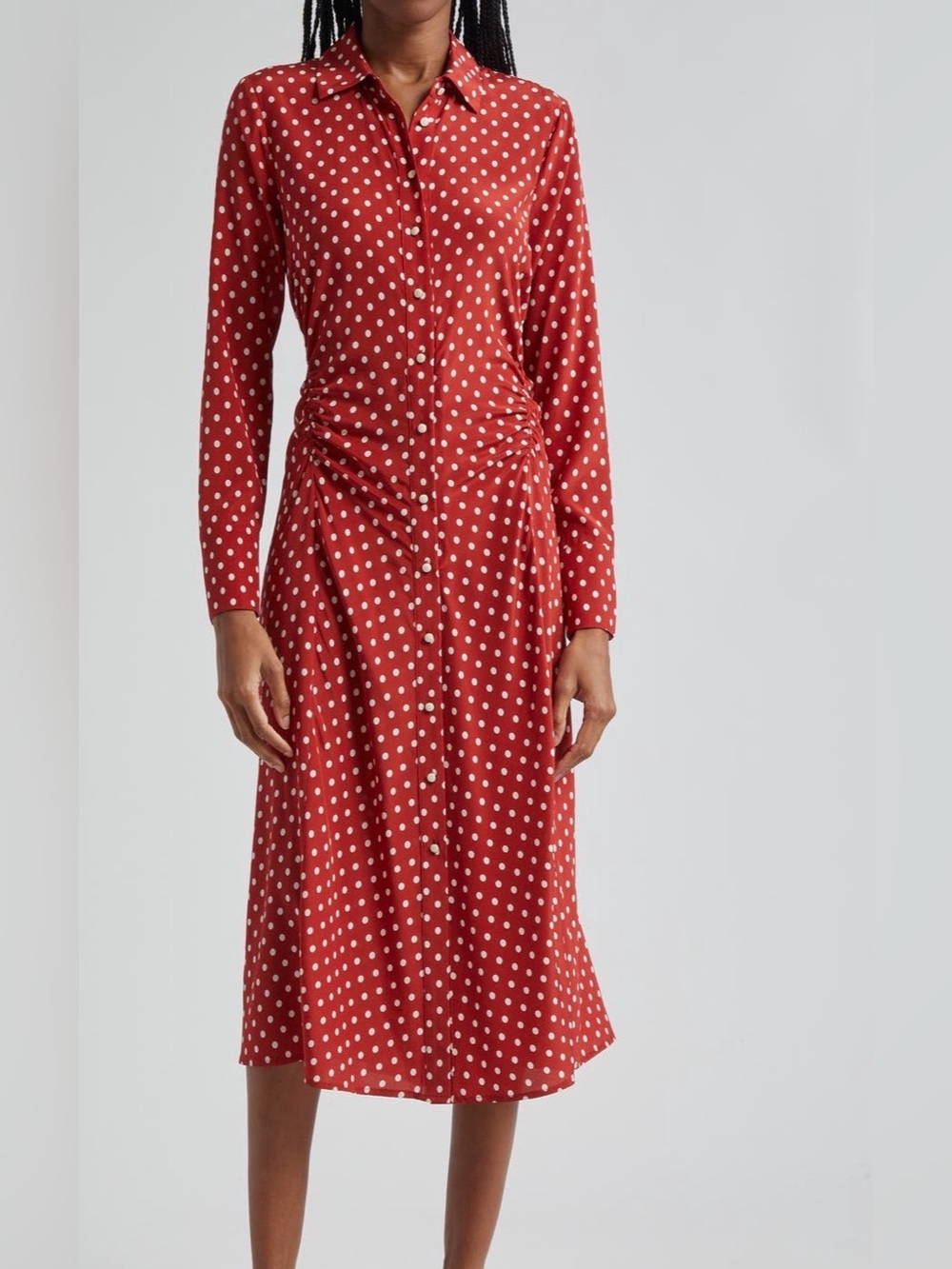 Veronica Beard Polka Dot Red Long-Sleeve Button Midi Dress